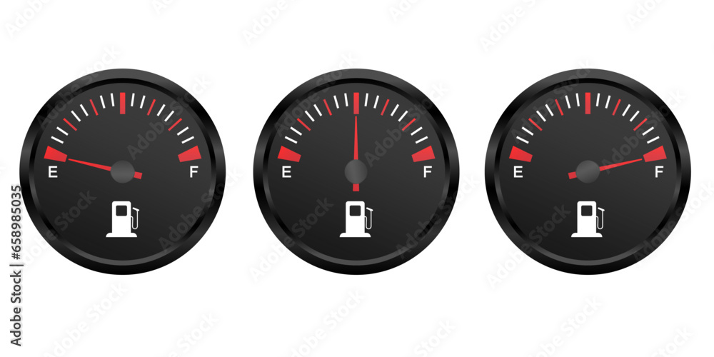 Set of Fuel gauge. low middle and a full tank. Round black car ...