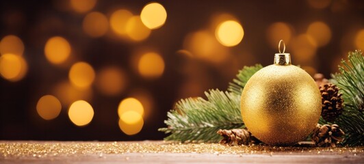 Wall Mural - christmas background, beautiful gold glitter ball and pine cone