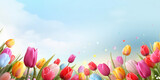 Fototapeta Tulipany - Happy Easter background with tulips and decorative eggs