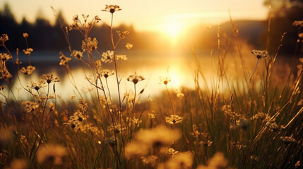 sunset over the forest with the river