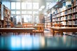 © Iftikhar alam - Empty library interior with bookshelves and tables. Blurred background, blurry college library. Bookshelves and a classroom in blurry focus, AI Generated