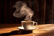 Morning elixir. Steam rising from hot coffee cup. Aromatic delight. Closeup of tea steam on vintage table. Brewed to perfection. Espresso aroma in wooden mug