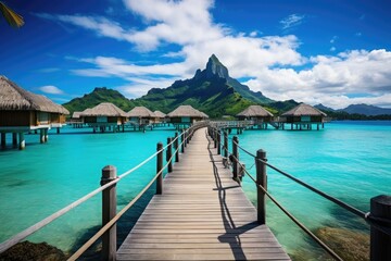 Wall Mural - Tropical island with water bungalows and wooden jetty, Bora Bora Island, French Polynesia, AI Generated