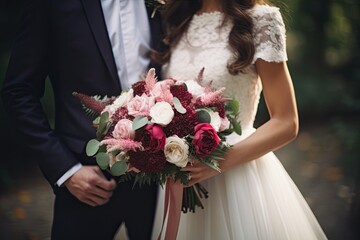 Poster - wedding bouquet in the hands of the bride and groom, bride and groom holding bouquet, AI Generated