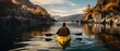 back view of a man in kayak row on mountain canyon 