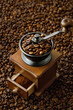 closeup of manual grinder on the coffee beans background