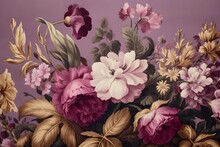 Purple And Gold Themed Renaissance Inspired Floral Illustration Vintage Background, Mockup, Wedding Invitation, Junk Journal 