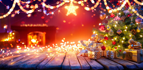 Wall Mural - present below christmas tree with garlands in home interior with fireplace and star - abstract defoc