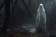 In the style of a haunting composition, a ghostly figure haunts the woods.