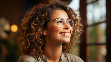 Wall Mural - happy woman in casual clothes smiling and looking at camera on dark background.