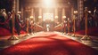 Red carpet and barriers with velvet rope, red curtains in the background and spotlight