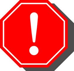 Sticker - Red Octagonal Warning or Attention Sign with Exclamation Mark Icon and Shadow. Vector Image.