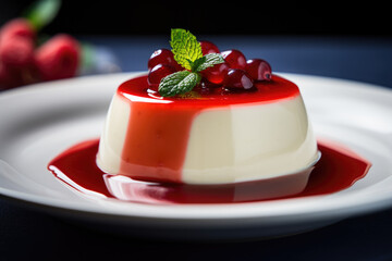 Wall Mural - Delicious Italian dessert panna cotta with berry sauce, fresh berries and mint 