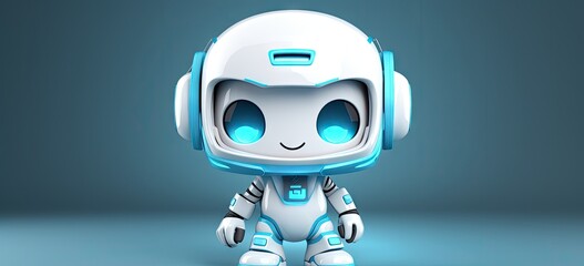 White cute robot with hands with blue light background.