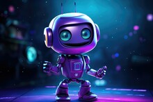 Purple And Violet Cute Robot With Hands With Light Blue Spaceship Background.