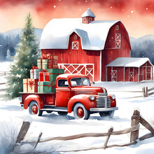 Red Pickup Truck With Gifts On The Farm, Winter Old Barn, Watercolor Illustration