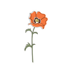 One poppy flower with a stem and leaves in the center of a white background in the style of linart with abstract spots