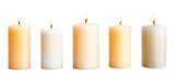 Set of different candles on transparent background. The candles are different designs. 
