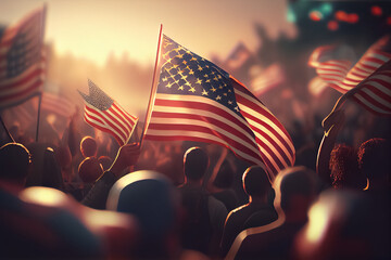 Wall Mural - illustration of crowd american people waving with flag at memory day celebration .