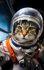 Wall Mural - Cat astronaut in a spacesuit in a spaceship plows the expanses of the universe