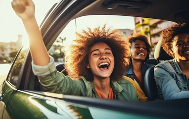 Wall Mural - Portrait of a beautiful African American young woman traveling by car with her cheerful girlfriends