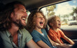 © perfectlab - Family father and two daughters travel together by car and have fun