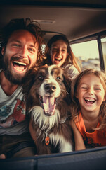 Wall Mural - A family, a father with two daughters and a pet dog, traveling by car, looks out the window and laughs