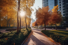 Autumn Modern City In Sunlight With Road And Cars,