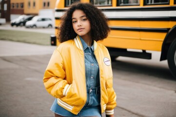 Schoolgirl Teenager Leaning on School Bus in Yellow Bomber Jacket. Caucasian girl going back to school after summer holidays close to school bus. Pupil young student preparing for learning study