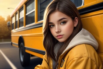 Schoolgirl Teenager Leaning on School Bus in Yellow Bomber Jacket. Caucasian girl going back to school after summer holidays close to school bus. Pupil young student preparing for learning study