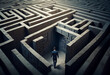 illustration of man in business suit lost in labyrinth and looking for an exit .