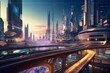 Futuristic cityscape with busy cartoonish rush hour traffic. Generative AI
