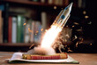 Back to school with a rocket flying out of a book,