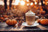 still life of a cup of hot latte and pumpkins on an old wooden table against the background of beautiful autumn nature at sunset, decoration for Halloween