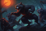 Fototapeta Dziecięca - werewolf battle by moonlight cartoon style