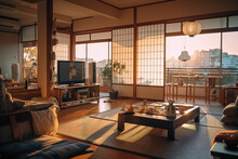 Japanese Living Room Interior Concept With Designer Wooden Chest