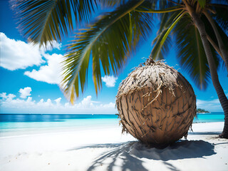 Wall Mural - Coconut exotic nourishment on horizontal blur background. Open coco nut on premium resort.