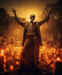 A horror Halloween skeleton standing at a cemetery with his hands raised,  candles and soft light, in the style of epic fantasy scene