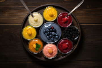 Wall Mural - Fruit puddings with fresh fruits in glasses on a dark wooden background, top view