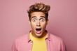 Surprised young man studio portrait, bright color background. AI generated