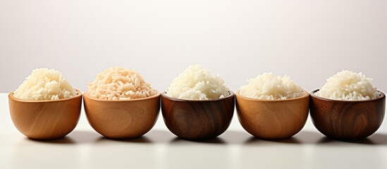 Poster - Uncooked rice bowls on white background with text sample