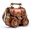 © Uros Petrovic - Steampunk brown leather handbag bag. Generated AI illustration image. Steam punk style acessorries concept