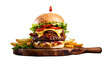 Double patty hamburger or beef burger served with French fries on a wooden board isolated on transparent background, Tasty double beef bun