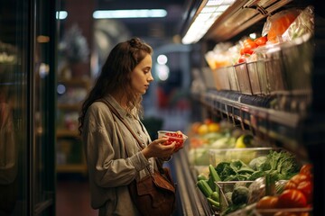 woman with a basket of food in the supermarket or grocery store