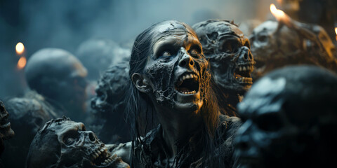 Creepy zombies, crowd of scary undead on Halloween night or apocalypse