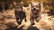 © ZEKINDIGITAL - happy Cat and dog running towards camera