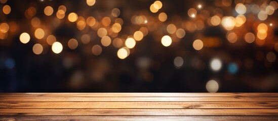 Sticker - Christmas themed table with blurred kitchen in the background Festive bokeh adds a golden touch Perfect for product displays