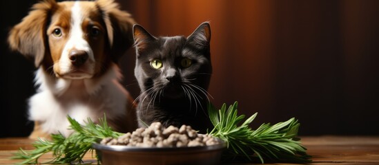 Sticker - CBD and medical marijuana used as food delicacy for dogs and cats in dishes with hemp leaves close up