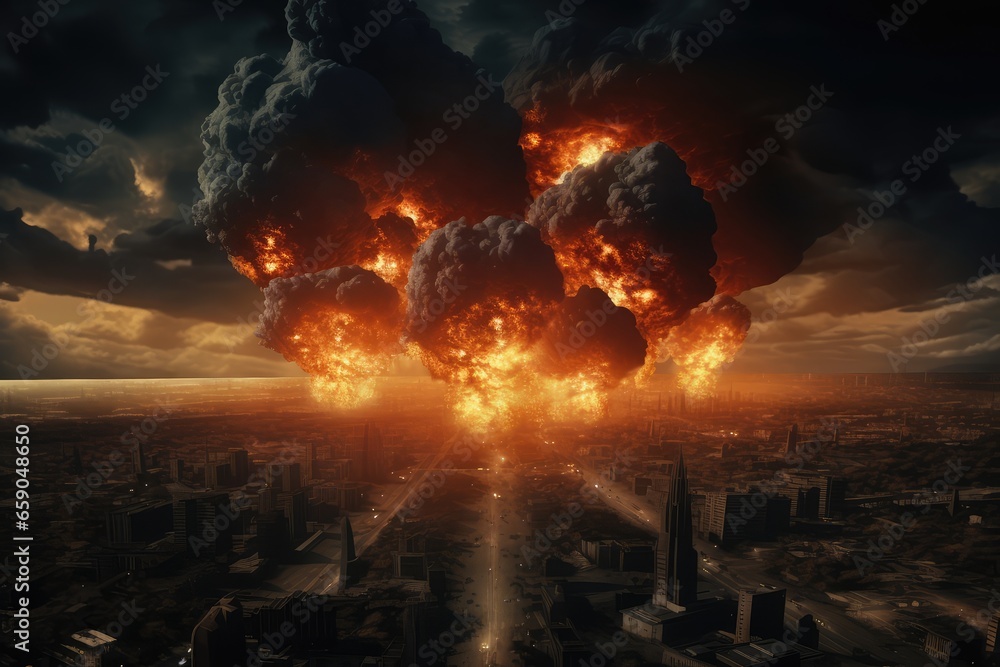 Atomic bomb explosion in a city for nuclear war. Stock Illustration ...