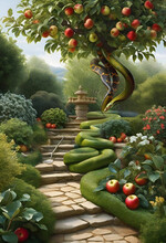 Garden Of Eden With Serpent Slithered Near Stone Pathway And Fruit Tree In The Background